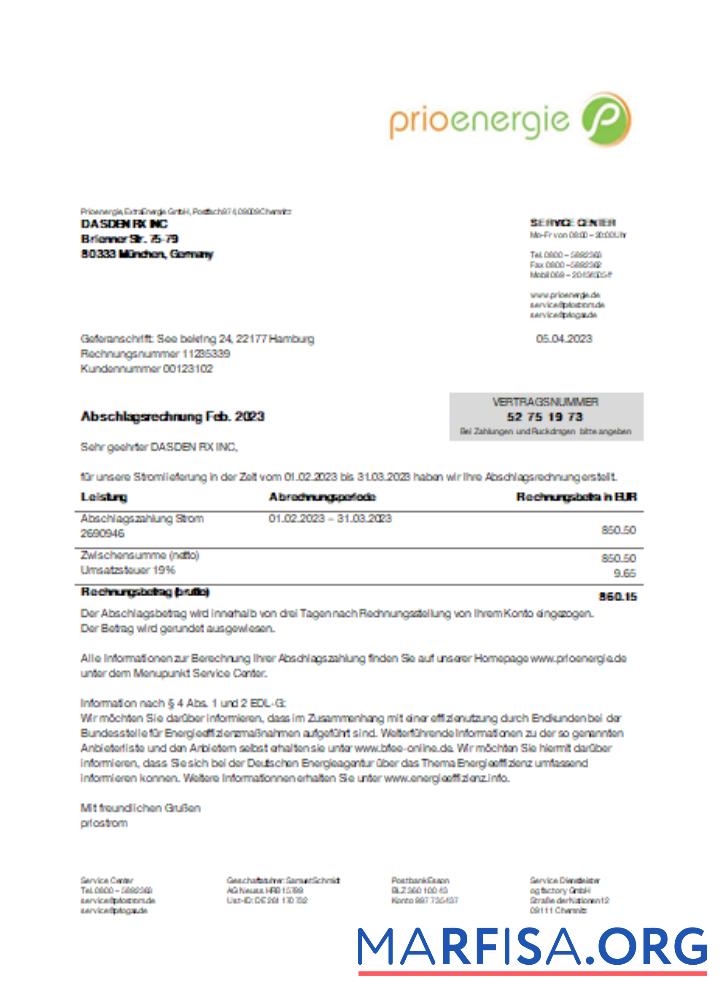 Downloadable Prioenergie proof of address utility business bill, SCR sample